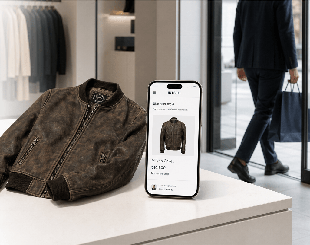 A leather jacket selected in store, a departing customer and the personal selection prepared for them
